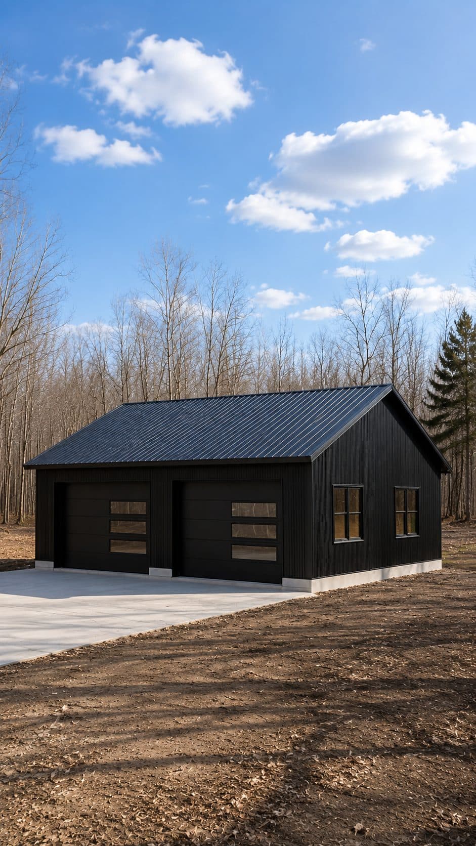 Front three-quarter view of a black steel garage on a clear day
