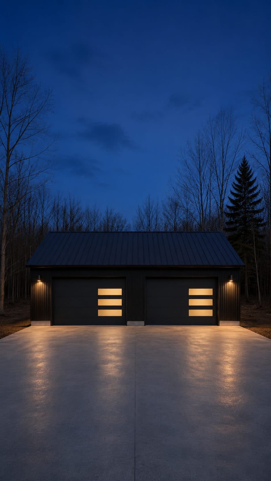 Black steel garage at dusk with both bays lit from inside
