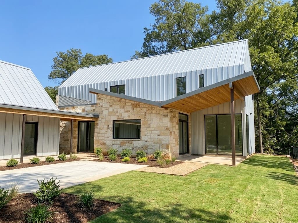 Custom home in central Oklahoma with board-and-batten architectural siding, standing-seam metal roof, and cupola — envelope work by Greene Builds
